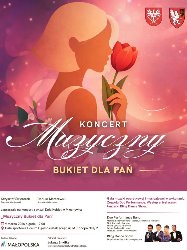 Plakat informujący o koncercie muzycznym z okazji Dnia Kobiet